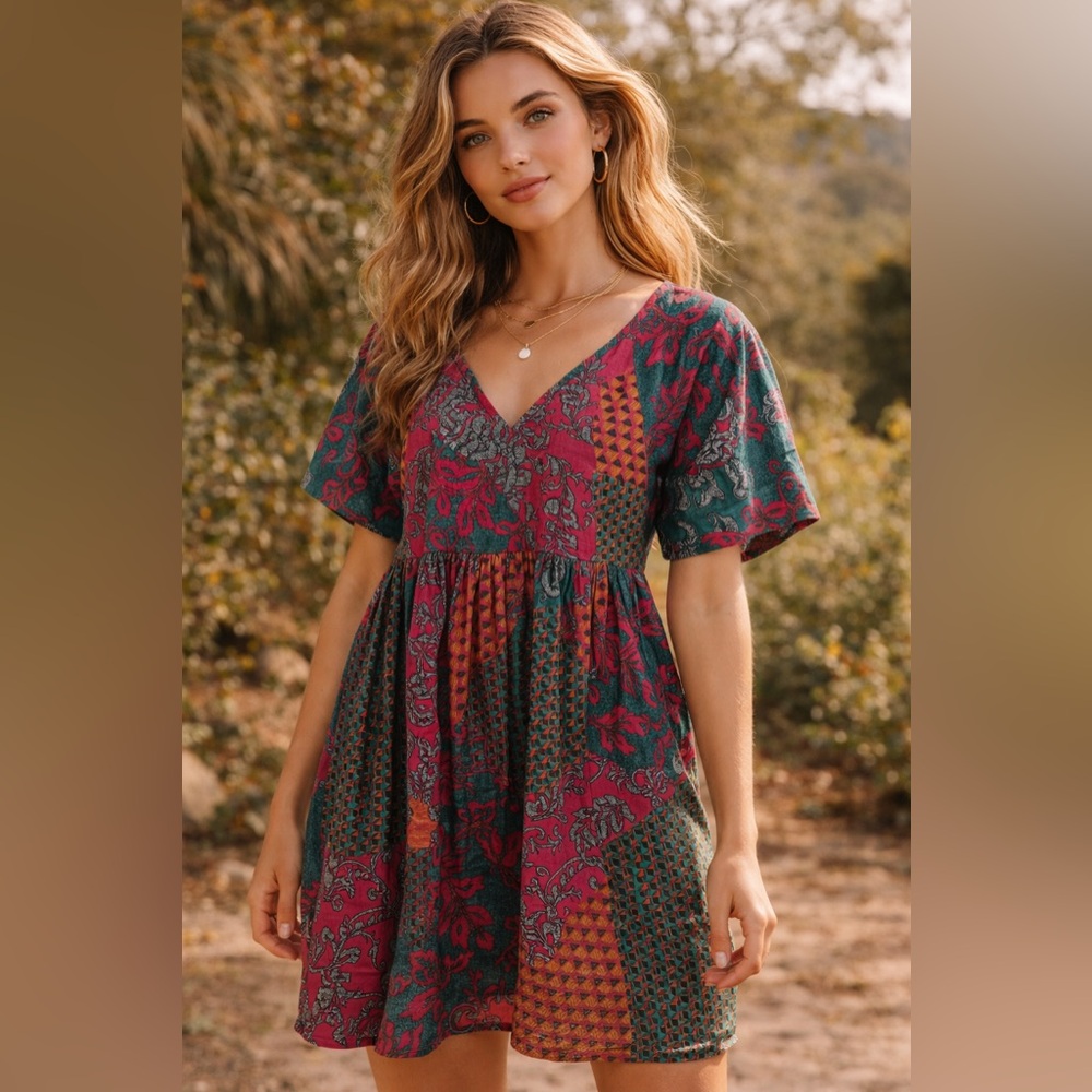 World Market Cotton Boho Patchwork Dress S/M Pink Teal India Short Sleeve Mini - Picture 1 of 5